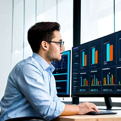 Home 4 A focused professional data analyst, fully clothed in a modest business casual outfit, sitting at a desk in a bright, modern data lab. They are looking at a large monitor displaying complex, colorful R-generated data visualizations (like a `ggplot2` chart), with a thoughtful and insightful expression. The background is clean and organized, featuring subtle tech elements like server racks in the distance. Perfect anatomy, correct proportions, natural pose, well-formed hands, proper finger count, natural body proportions. Professional photography, high resolution, soft studio lighting, safe for work, appropriate content, fully clothed, professional.