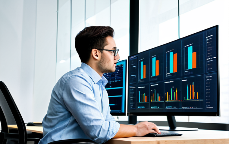 A focused professional data analyst, fully clothed in a modest business casual outfit, sitting at a desk in a bright, modern data lab. They are looking at a large monitor displaying complex, colorful R-generated data visualizations (like a `ggplot2` chart), with a thoughtful and insightful expression. The background is clean and organized, featuring subtle tech elements like server racks in the distance. Perfect anatomy, correct proportions, natural pose, well-formed hands, proper finger count, natural body proportions. Professional photography, high resolution, soft studio lighting, safe for work, appropriate content, fully clothed, professional.