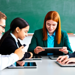**

"A diverse group of fully clothed students in a modern classroom, working on tablets and computers, appropriate attire, safe for work, teacher assisting individual students, perfect anatomy, correct proportions, natural pose, professional environment, high quality, well-formed hands, proper finger count, natural body proportions, family-friendly, professional, modest clothing, bright and engaging learning atmosphere"

**