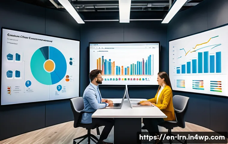 학습 데이터 분석에서의 비즈니스 인사이트 - A modern office scene showing a diverse team of business professionals gathered around a large digit...