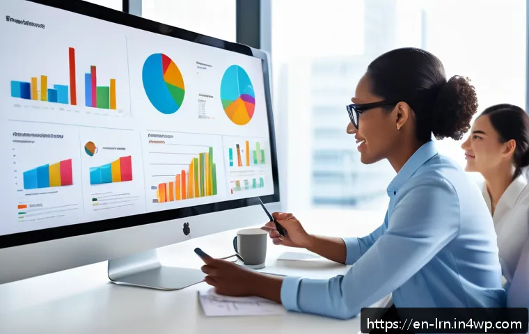 전문가 인터뷰 학습 데이터 활용 성공 사례 - A modern corporate office setting with a diverse team of professionals gathered around a large digit...
